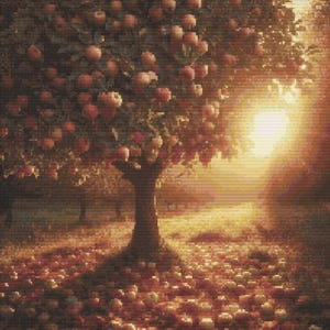 May include: A pixelated image of an apple tree laden with red apples. The tree stands in a sunlit orchard, with fallen apples scattered on the ground. The scene is bathed in warm, golden light, creating a serene, autumnal atmosphere.