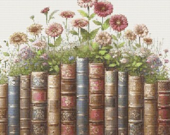 Books and Flowers Cross Stitch Pattern – Floral Bookworm Embroidery (PDF)
