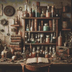 May include: An antique apothecary's workspace, filled with glass bottles, jars, and vials of various shapes and sizes. A wooden shelf displays numerous containers, while a stack of books and an open book rest on a wooden table. The scene is lit with warm, inviting tones.