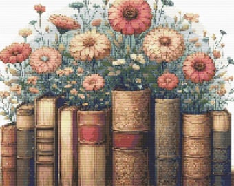 Books and Flowers Cross Stitch Pattern – Floral Bookworm Embroidery (PDF Download)