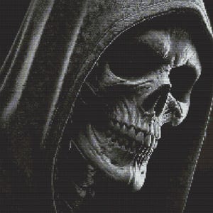 May include: A black and white image of a skull wearing a hooded cloak. The skull is looking down and to the left, with its mouth slightly open. The cloak is covering most of the skull's face, but the eyes and nose are visible.