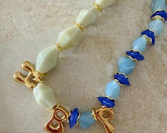 CHELSEA Initial necklace | Cream/Blue |  Personalised Initial Necklace | Gold or silver Letter Pendant | Charm Necklace