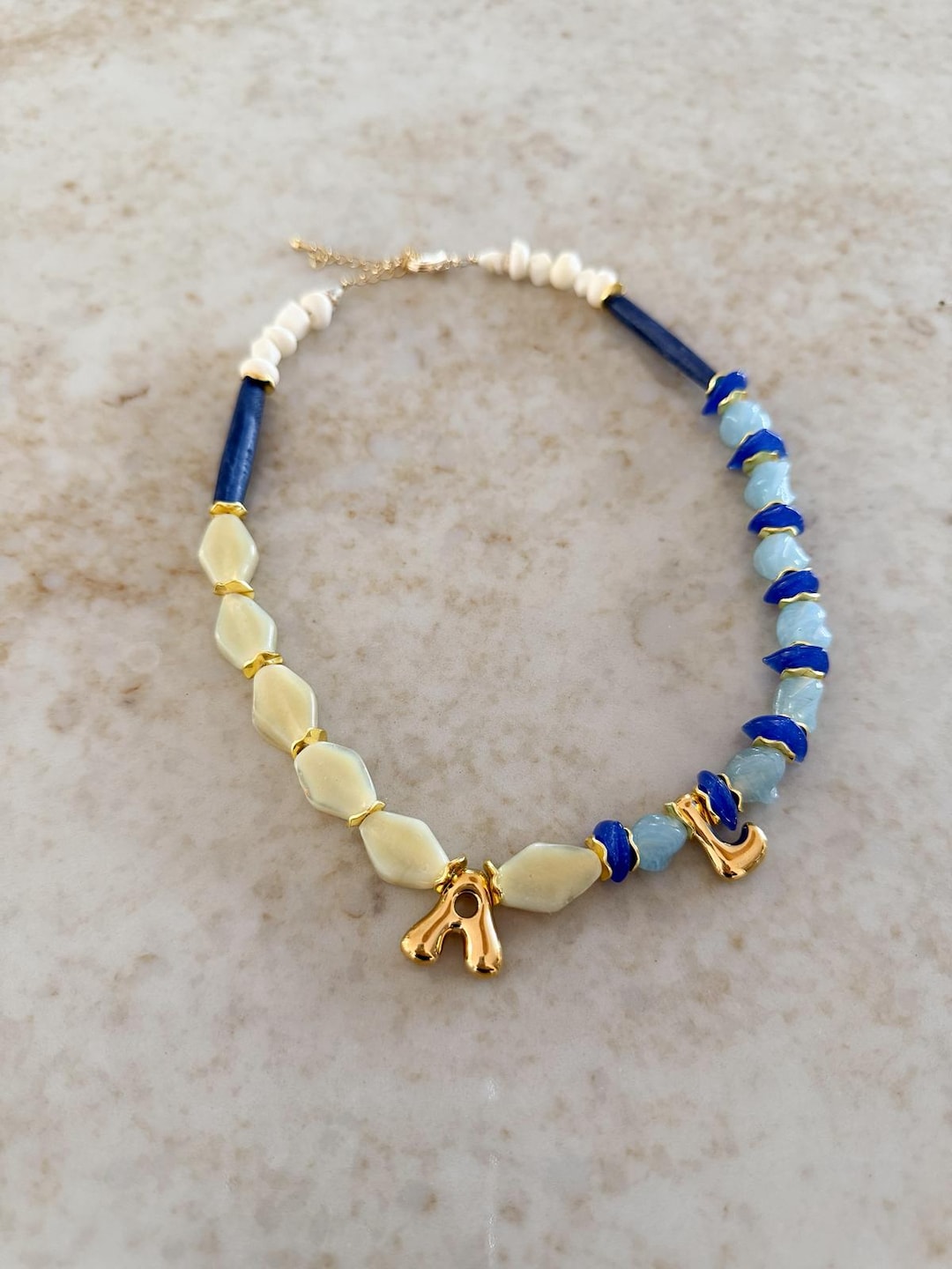 CHELSEA Initial Necklace - Cream/blue - Etsy Australia