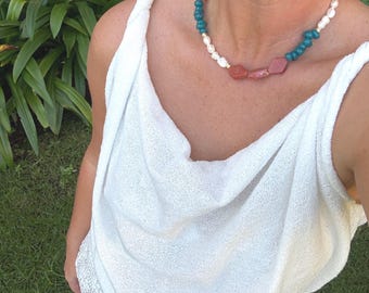 BELINI necklace | Coastal Beaded Necklace | Handmade Glass Beads andPearl Necklace | Teal & Terracotta Statement Necklace | Summer Jewellery