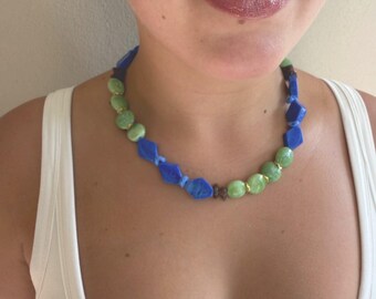 NELLY Necklace, Blue Green Geometric Beaded Statement, Gold Accents, Gift for Her
