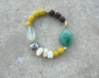 ROMY Bracelet | Boho Stretch Bracelet | Jade Green & Mustard Beaded Bracelet | Handmade Statement Jewellery | Gift for He