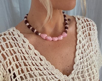 VALENTINE necklace | Pink Resin Heart Beaded Necklace | Burgundy, Blush Statement Jewelry