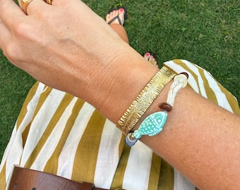 BONNIE Bracelet | Turquoise Fish Charm Bracelet, Mixed Bead Boho Stack, Mustard Aqua Gold, Gift for Her