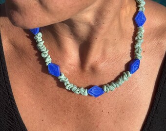 LYRA necklace | Coastal Beaded Necklace | Blue & Seafoam Green Statement Necklace | Handmade Summer Jewellery