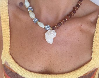 SOLSTICE Necklace | Coastal Shell Pendant | Amber Glass Bead Statement|  Gift for Her
