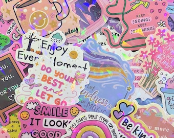 50pcs Holographic Motivational Self Care Stickers, Positive Affirmation Mental Health Sticker Pack for Journals, Laptops, Planners & Gifts