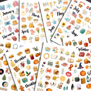 K&ouml;nnte beinhalten: Eine Sammlung von Stickerb&ouml;gen im Aquarellstil, die jeweils einem Monat des Jahres gewidmet sind. Die B&ouml;gen zeigen verschiedene Illustrationen, darunter Lebensmittel, Objekte und saisonale Symbole. Monate sind beschriftet: Januar, Februar, M&auml;rz, April, Mai, Juni, Juli, August, September, Oktober, November und Dezember.