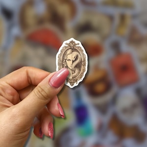 May include: A sticker featuring a detailed illustration of a woman's face split in half, with a snake coiled on one side. The design is framed within an ornate, vintage-style border. The sticker is held against a blurred background of other stickers.