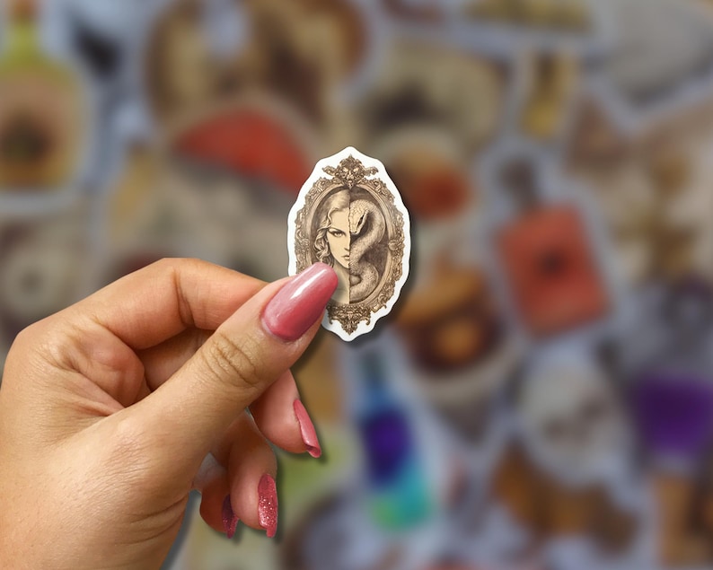 May include: A sticker featuring a detailed illustration of a woman's face split in half, with a snake coiled on one side. The design is framed within an ornate, vintage-style border. The sticker is held against a blurred background of other stickers.