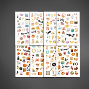 K&ouml;nnte beinhalten: Eine Sammlung von zw&ouml;lf illustrierten Karten, die jeweils einen Monat des Jahres darstellen. Jede Karte zeigt eine Vielzahl von thematischen Illustrationen und den Namen des Monats in Handschrift. Die Karten sind in einem Raster angeordnet.