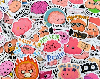 10-50pcs Funny Brain Stickers, Mental Health Humor & Overthinking Self Care Sticker Pack for Journals, Laptops, Planners, Kindle, Phone Case