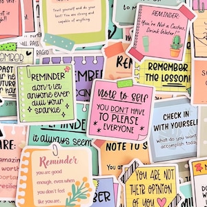 May include: A collection of colorful sticky notes with various motivational phrases and reminders. The notes feature handwritten-style text, illustrations, and decorative elements. The notes are in various shapes and sizes, with a mix of pastel and bright colors.