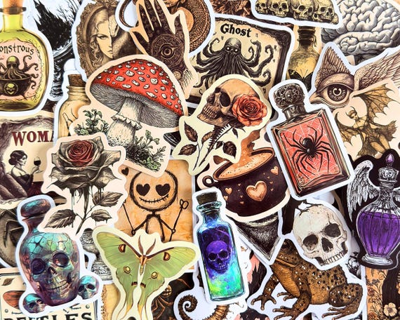 50pcs Witchy Gothic Stickers, Vintage Dark Spooky Aesthetic Sticker Pack for Halloween Decorations, Journals, Laptops, Kindle, Phone Case