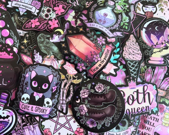 50pcs Goth Witchy Stickers, Pastel Aesthetic Gothic Spooky & Cute Vinyl Stickers for Journals, Laptops, Kindle, Water Bottles, Phone Case