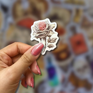 May include: A sticker featuring a detailed illustration of a rose with a red center and gray petals. The sticker has a white border and is held by a hand with pink nail polish. The background is blurred with other stickers.
