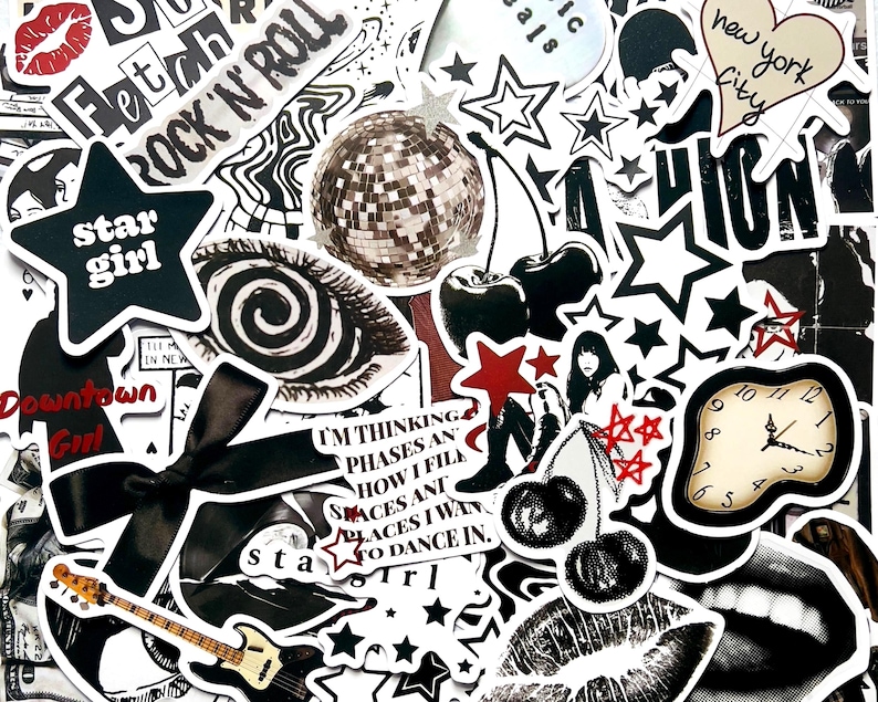 May include: A collection of black and white stickers with various designs. Includes stars, a disco ball, cherries, an eye, a clock, and text that reads "star girl", "Rock 'N' Roll", and "New York City".