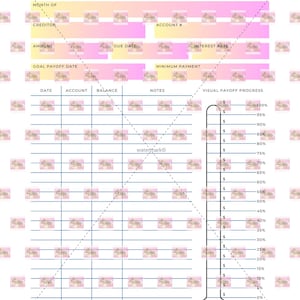 Puede incluir: Un rastreador imprimible de bola de nieve de deuda con un diseño de degradado rosa y amarillo. El rastreador incluye campos para el mes, el acreedor, la cantidad, la fecha de vencimiento y la tasa de interés. Un termómetro de progreso de pago visual está a la derecha.
