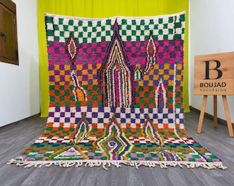 Handmade Wool Moroccan Rug: Steel Green & multicolor Tufted Berber Carpet