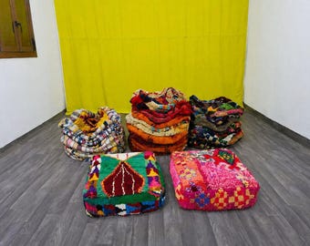 Handmade Wool Kilim Pouf – Vintage Moroccan Ottoman, Floor Cushion (60cm x 60cm)