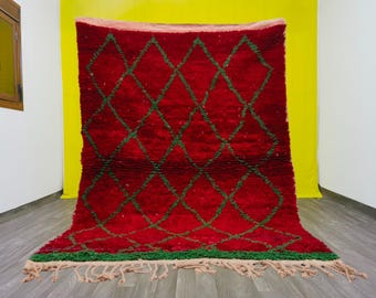 Handmade Beni Ourain Rug – Red & Green Geometric Berber Carpet