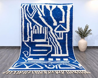 Handwoven Moroccan Wool Rug: Abstract Berber Design, Blue & White