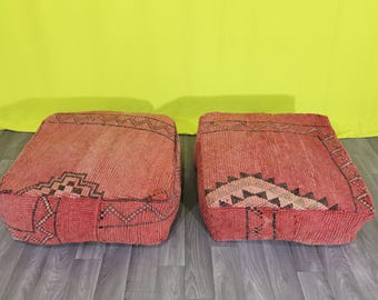 Handmade Wool Kilim Pouf – Vintage Moroccan Ottoman, Floor Cushion (60cm x 60cm)
