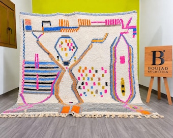 Pink Boujaad Wool Carpet, Colorful Wool Rug, Handmade Berber Rug
