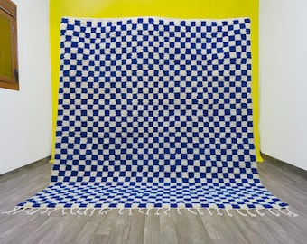 Handmade Blue Checkered Wool Rug: Moroccan Beni Ourain Style