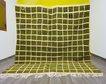 Handmade Beni Ourain Wool Rug: White & Green Berber Carpet