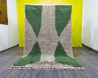 Handwoven Beni Ourain Rug, Green Beige Geometric Wool Carpet