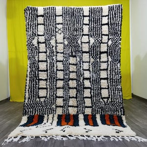 Black & White Wool Moroccan Rug, Handmade Striped Area Rug