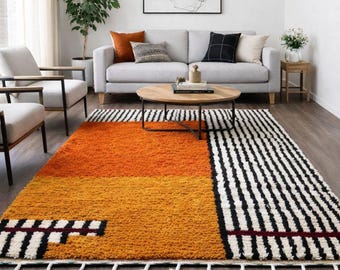 Handmade Beni Ourain Wool Rug, Shaggy Orange Mustard Geometric Carpet, Boho Living Room Decor