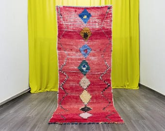 Vintage röd ull Berber löparmatta – handvävd marockansk 3x7,2 fot