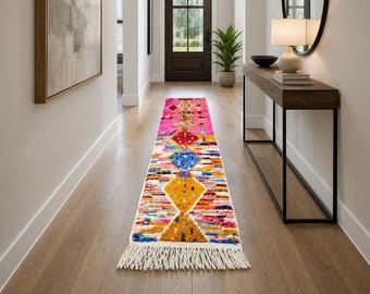 Handmade Moroccan Runner - Pink Wool Beni Ourain Hallway Rug - Bohemian Carpet