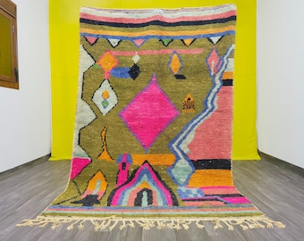 Green Moroccan Rug, Handmade Wool Boujad Rug, Berber Carpet
