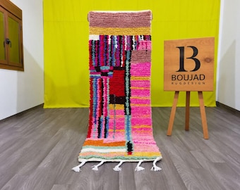 Pink Moroccan Runner Rug | Authentic Berber Wool Carpet, Boho Hallway Runner