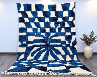 Moroccan Blue and White Rug, Handmade Berber Area Rug, Boho Geometric Rug, Moroccan Living Room Decor