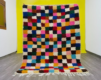 Handmade Checkered Wool Rug, Colorful Moroccan Shag, Beni Ourain Style
