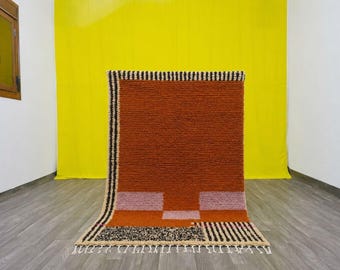 Handmade Moroccan Berber Rug – Orange Wool Area Rug – Modern Geometric Moroccan Carpet – Boho Statement Rug – Custom Size.