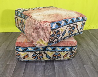 Set of 2 Moroccan Wool Floor Cushion Covers: Red Kilim Pillows