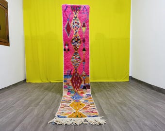 Hand-Knotted Wool Runner Rug, Pink Moroccan Boujad, Custom Size