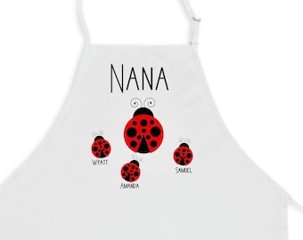 Grandma apron, Ladybug bib apron, mother's day gift, personalized with grandchildren's names, nana apron, apron for mom, Grammy apron