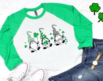 Gnome St Patrick day shirt, St. Patrick's day lucky raglan sleeves shirt, shamrock baseball tee, three gnomies, women's tee