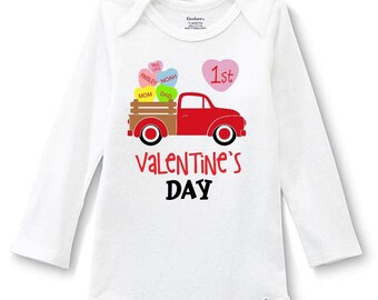 First Valentine's day baby one piece body suit, vintage red pickup truck with conversation hearts, personalized hearts