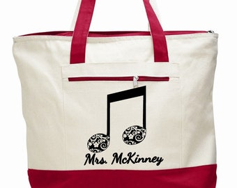 Music teacher bag, music student tote, personalized teacher bag, musical note bag, piano teacher bag, music gift tote, canvas zippered bag